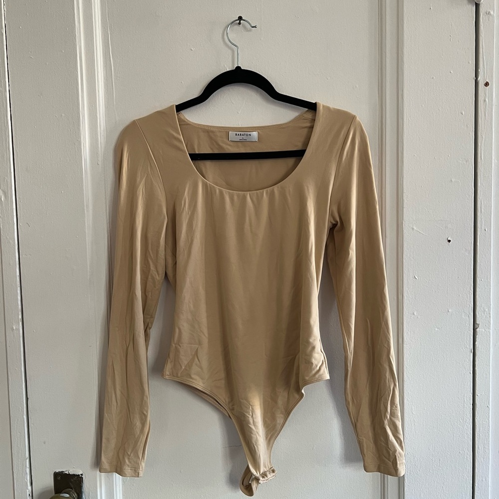 Long Sleeve Scoop Neck Bodysuit - Beige